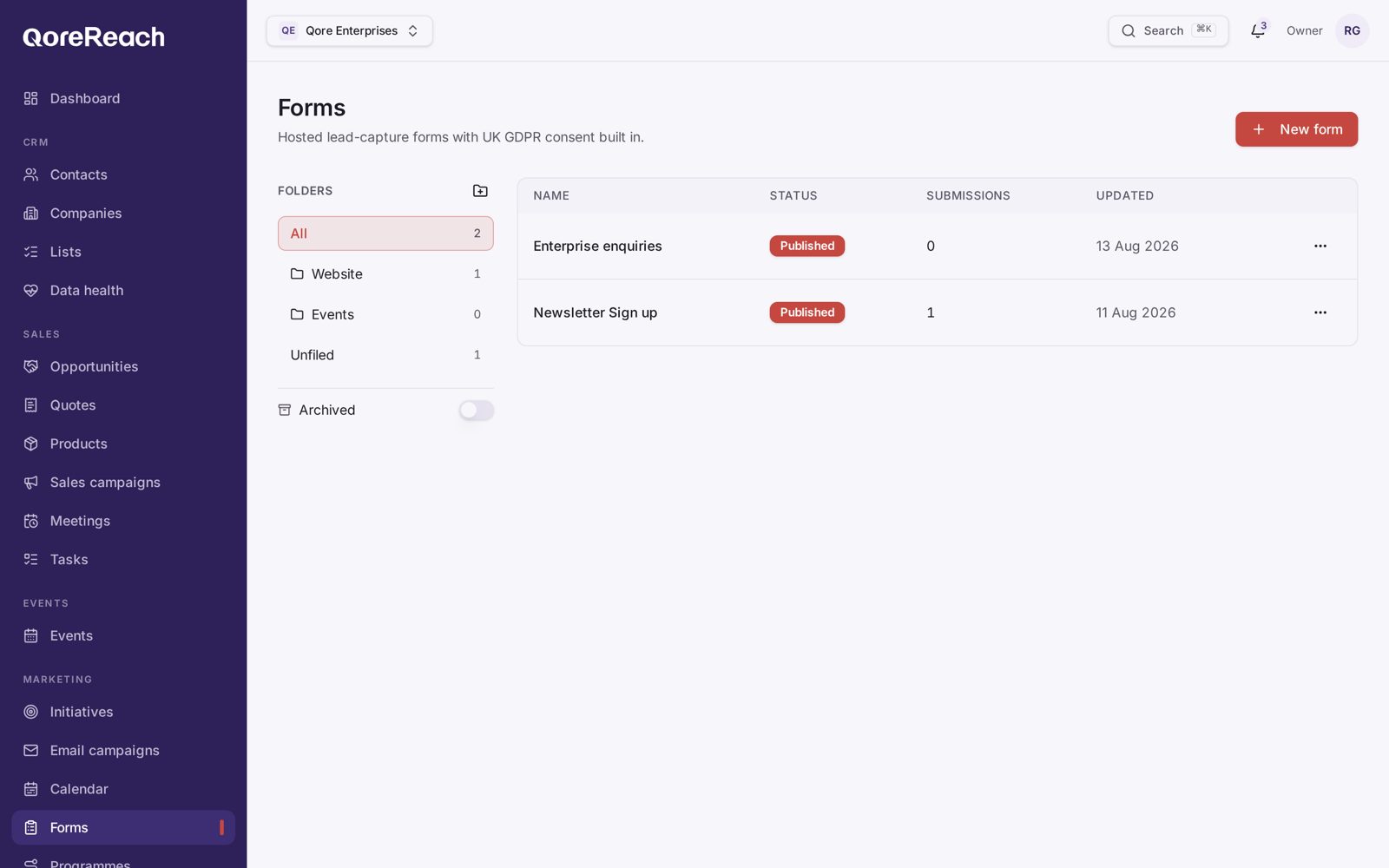 The QoreReach form builder with fields and design settings
